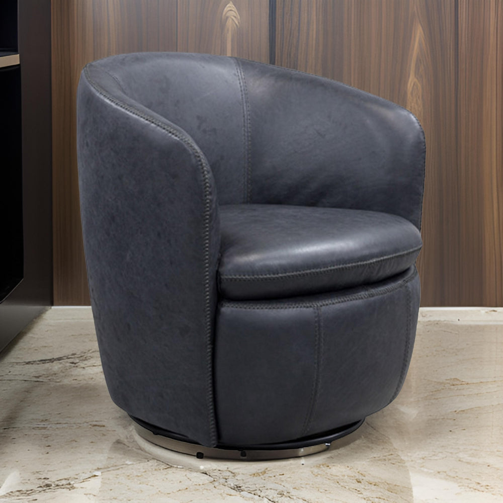 Benjara Niko Swivel Accent Chair, Round Barrel Design, Dark Blue Top Grain Leather