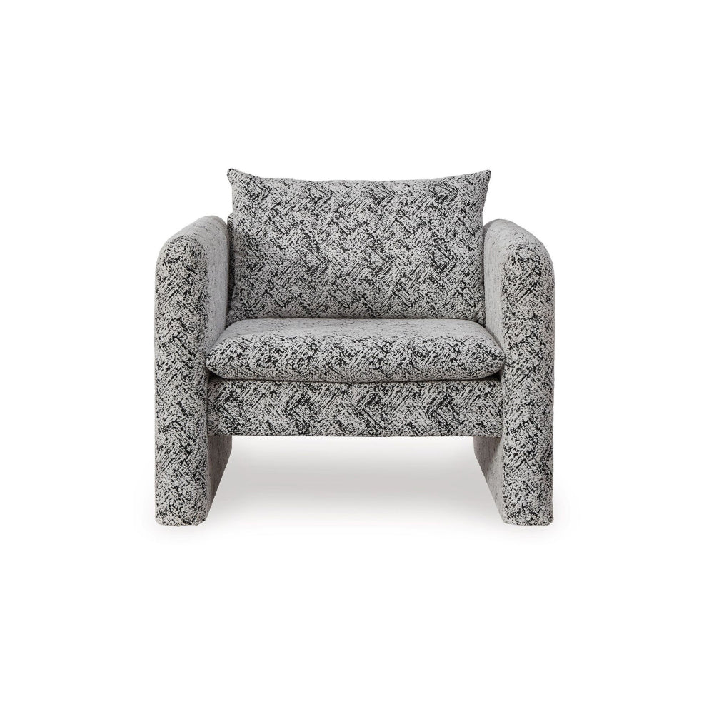 Benjara Accent Chair, Geometric Pattern Cushioned Seat, Shelter Arms, White Black