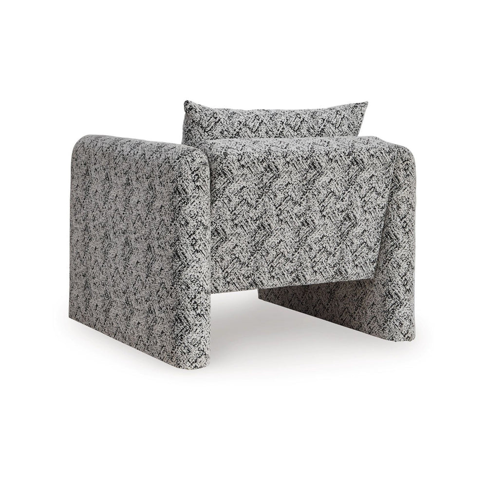Benjara Accent Chair, Geometric Pattern Cushioned Seat, Shelter Arms, White Black