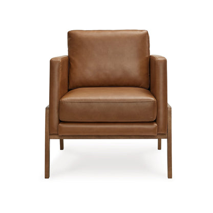 Benjara Accent Chair, Classic Retro Cushions, Brown Faux Leather, Natural Wood