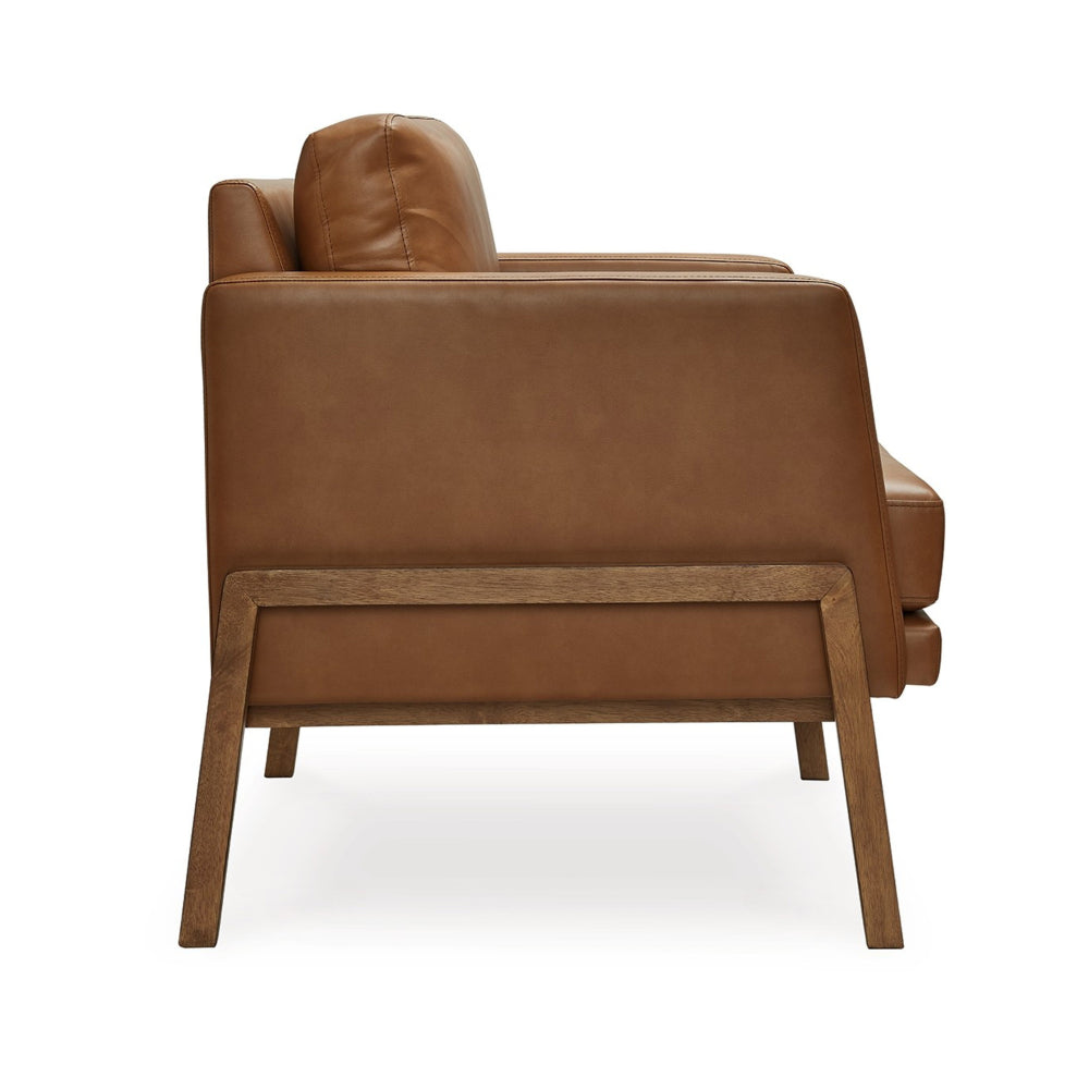 Benjara Accent Chair, Classic Retro Cushions, Brown Faux Leather, Natural Wood