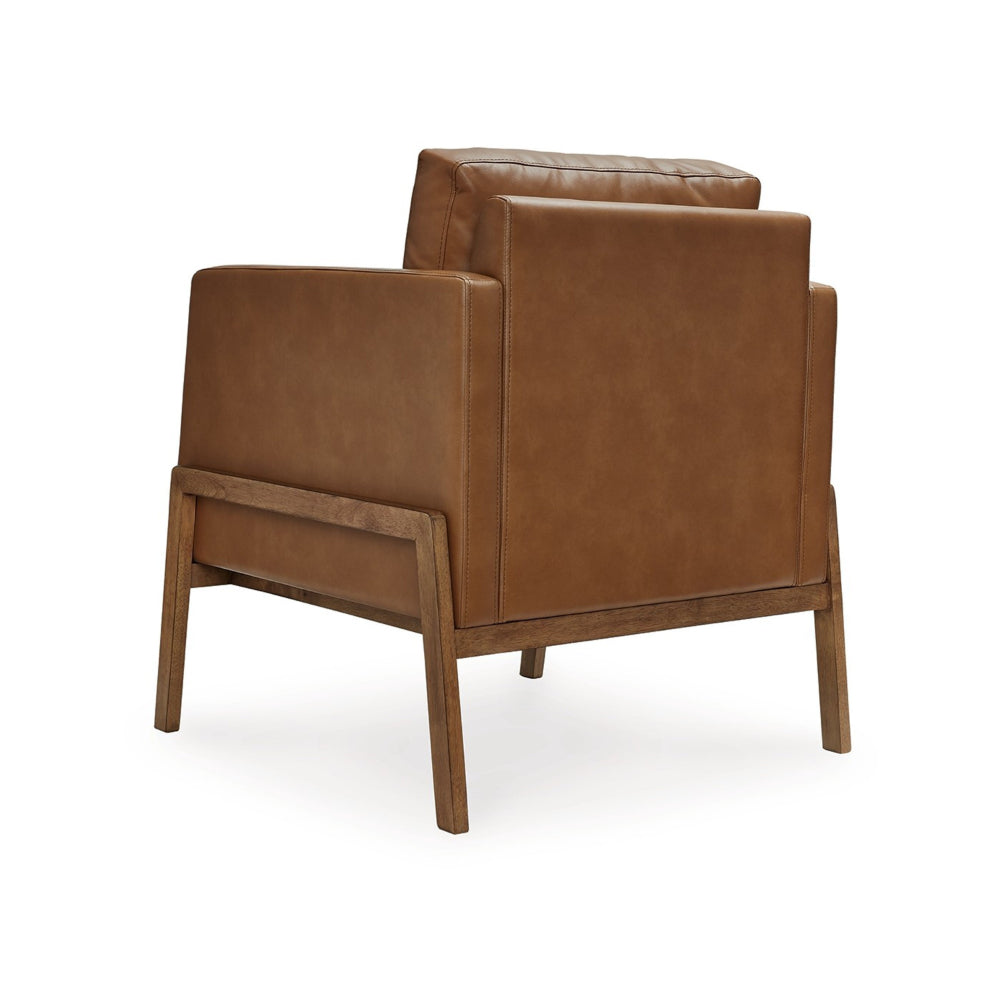 Benjara Accent Chair, Classic Retro Cushions, Brown Faux Leather, Natural Wood