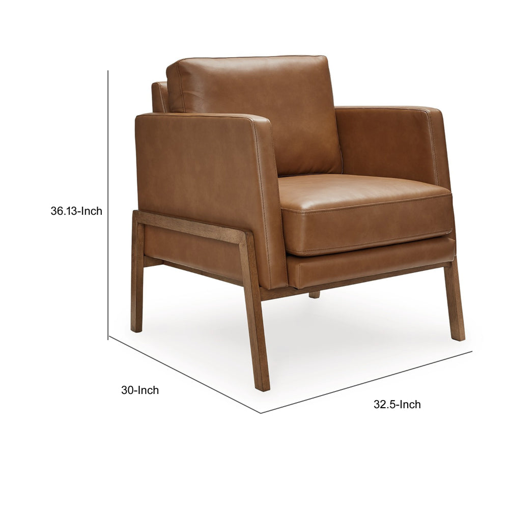 Benjara Accent Chair, Classic Retro Cushions, Brown Faux Leather, Natural Wood