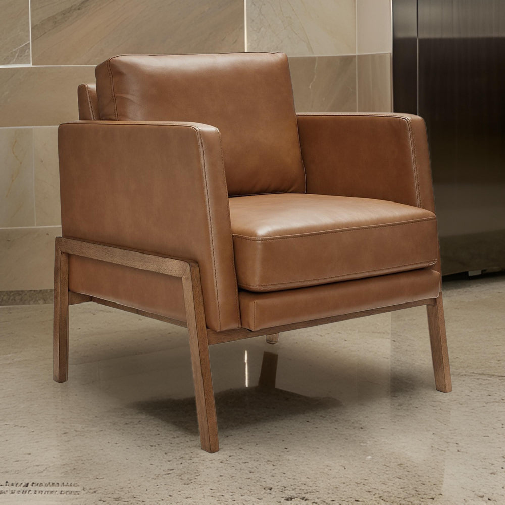 Benjara Accent Chair, Classic Retro Cushions, Brown Faux Leather, Natural Wood