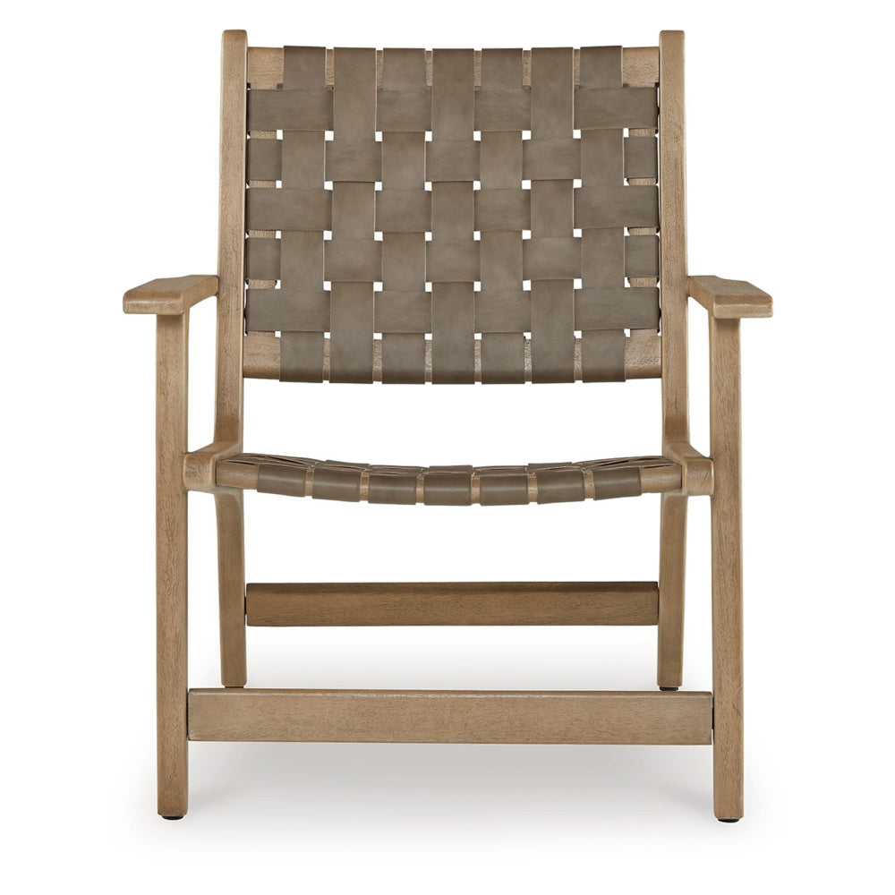 Benjara Woven Accent Chair, Taupe Faux Leather Strips, Basket Weave Pattern, Brown