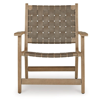 Benjara Woven Accent Chair, Taupe Faux Leather Strips, Basket Weave Pattern, Brown