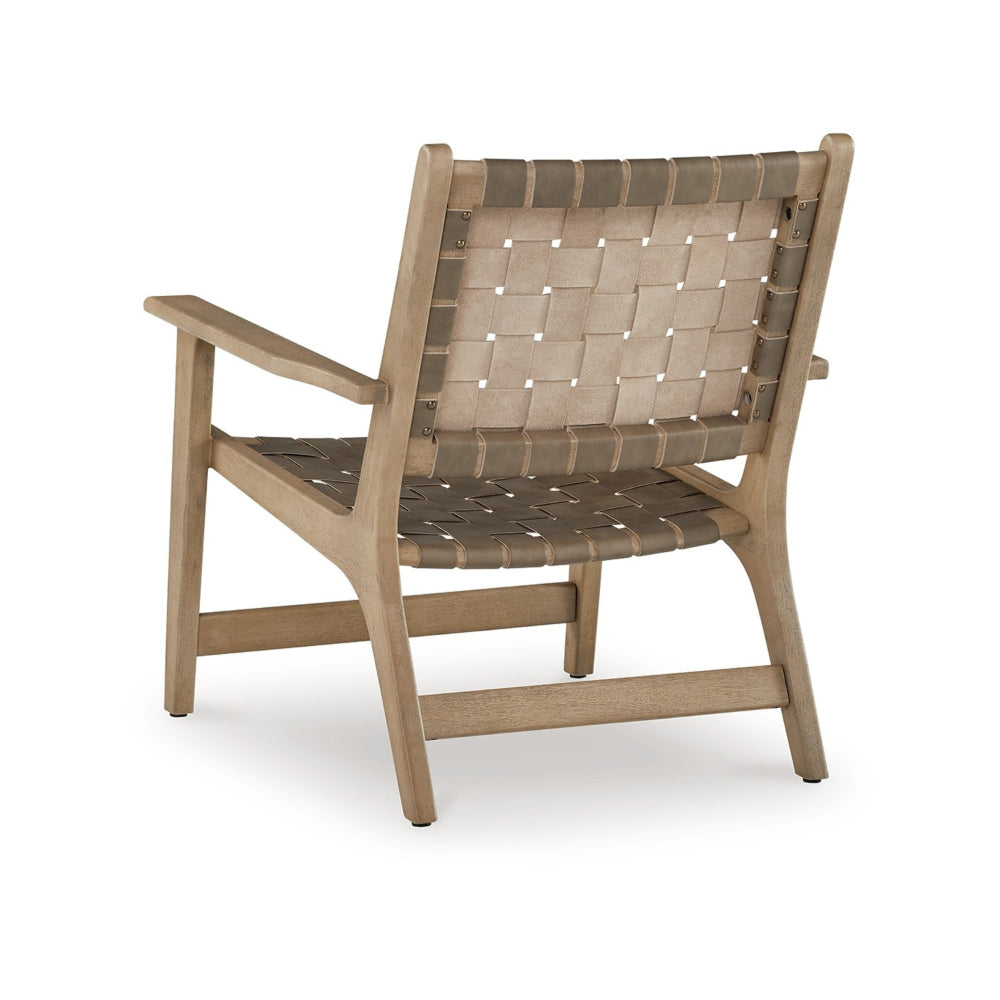 Benjara Woven Accent Chair, Taupe Faux Leather Strips, Basket Weave Pattern, Brown