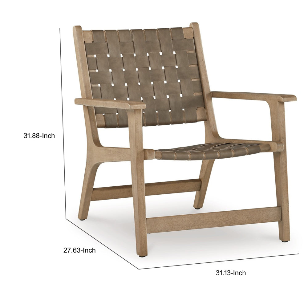 Benjara Woven Accent Chair, Taupe Faux Leather Strips, Basket Weave Pattern, Brown