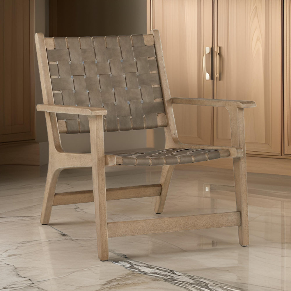 Benjara Woven Accent Chair, Taupe Faux Leather Strips, Basket Weave Pattern, Brown