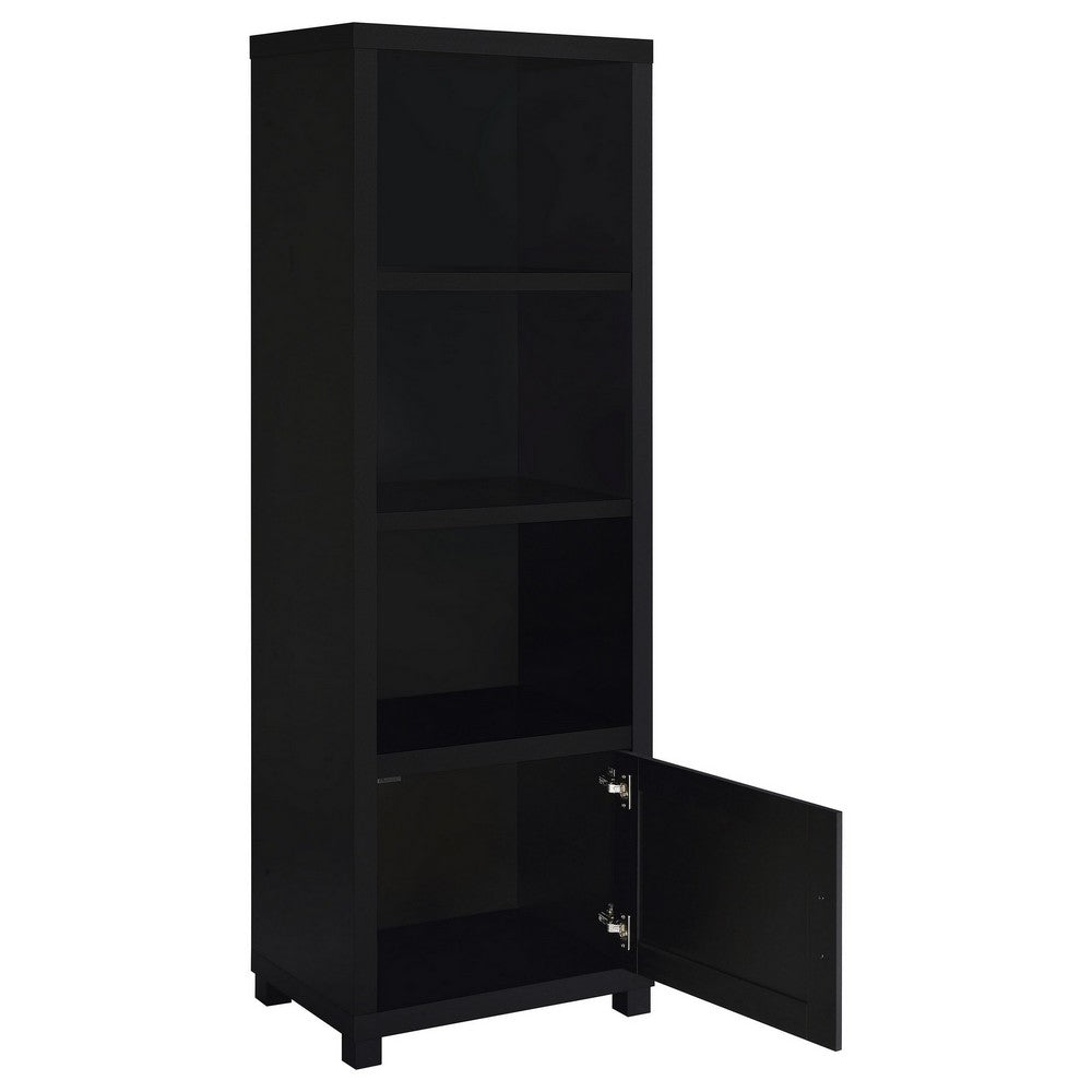 Benjara Janice Media Tower Bookcase, 3 Shelves, 1 Storage Cabinet, Black Finish