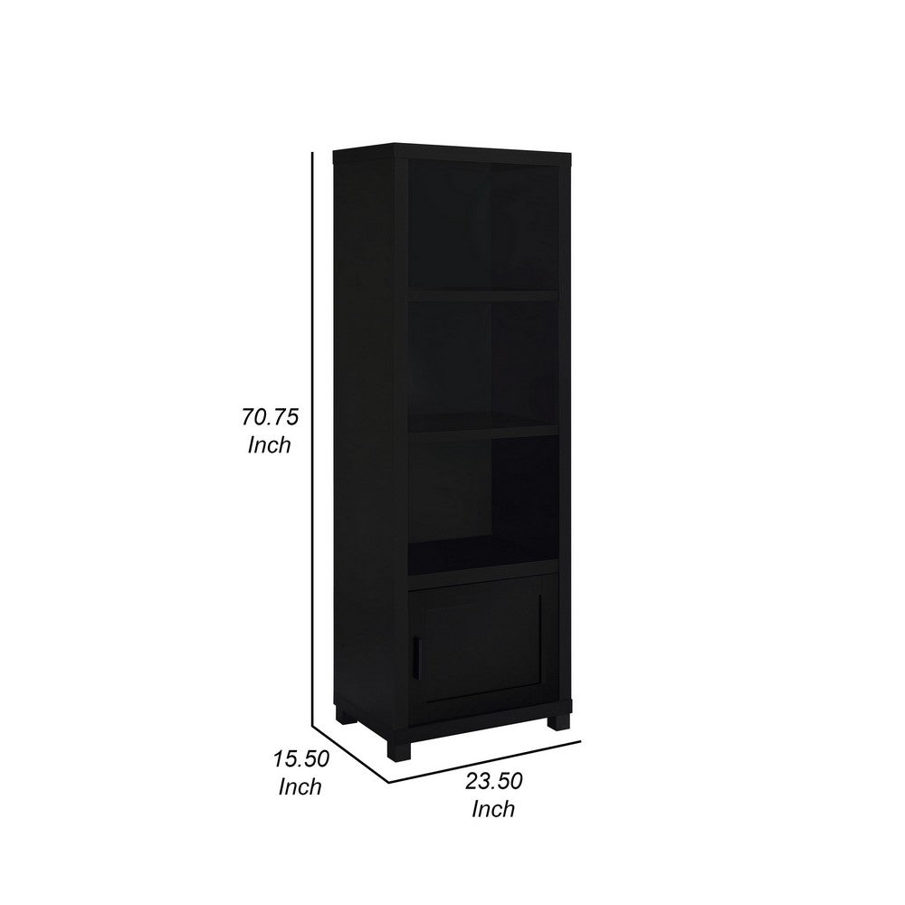 Benjara Janice Media Tower Bookcase, 3 Shelves, 1 Storage Cabinet, Black Finish
