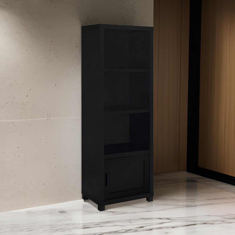 Benjara Janice Media Tower Bookcase, 3 Shelves, 1 Storage Cabinet, Black Finish