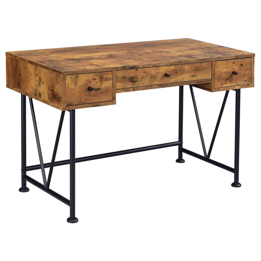 Benjara 2 Piece Writing Desk with Bookshelf Unit, Rustic Brown, Black Metal Frame