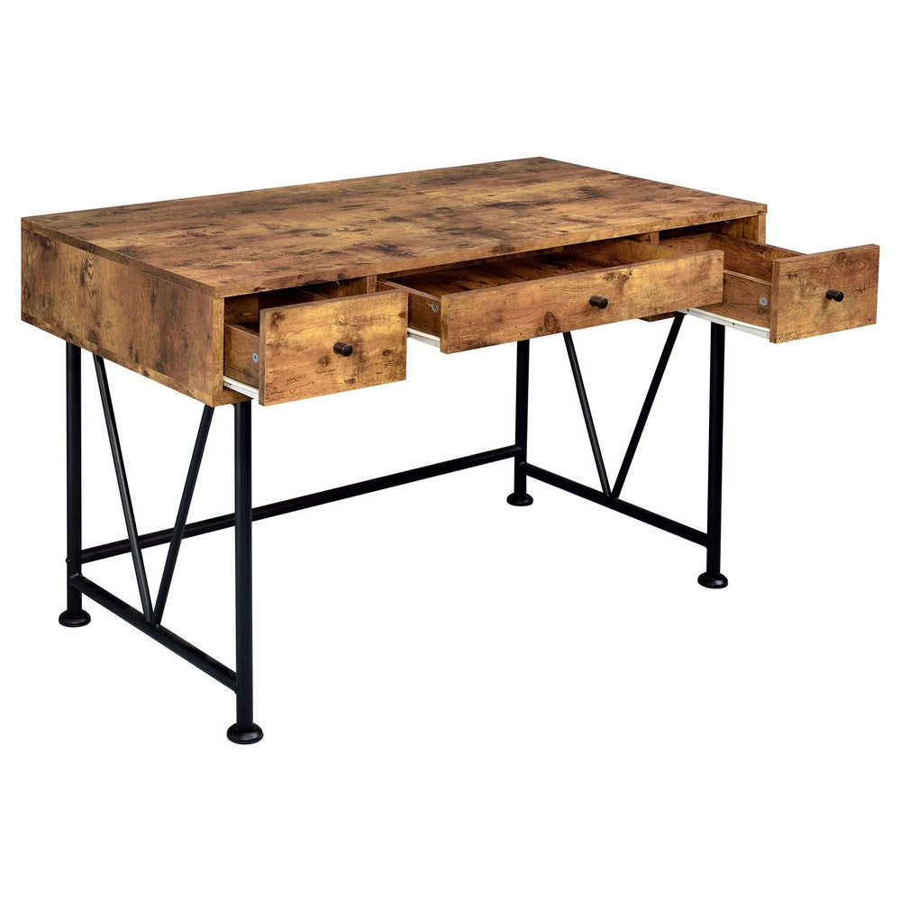 Benjara 2 Piece Writing Desk with Bookshelf Unit, Rustic Brown, Black Metal Frame