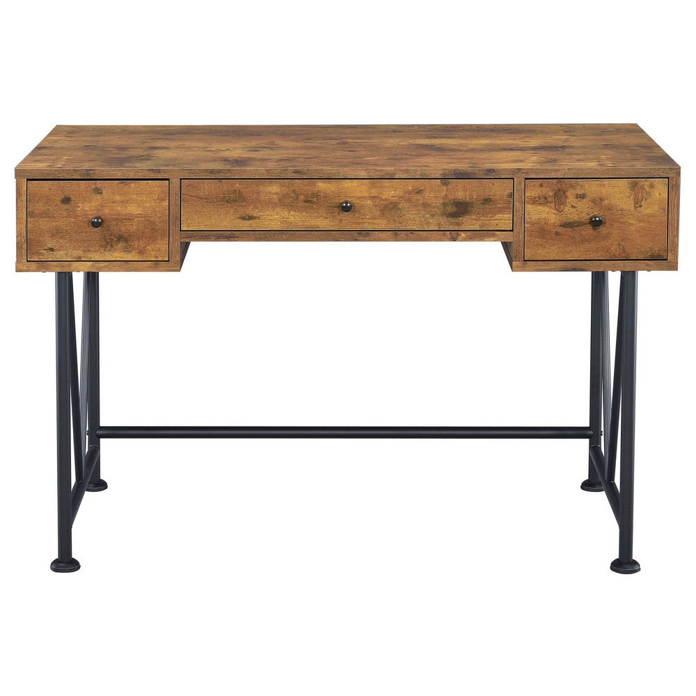Benjara 2 Piece Writing Desk with Bookshelf Unit, Rustic Brown, Black Metal Frame