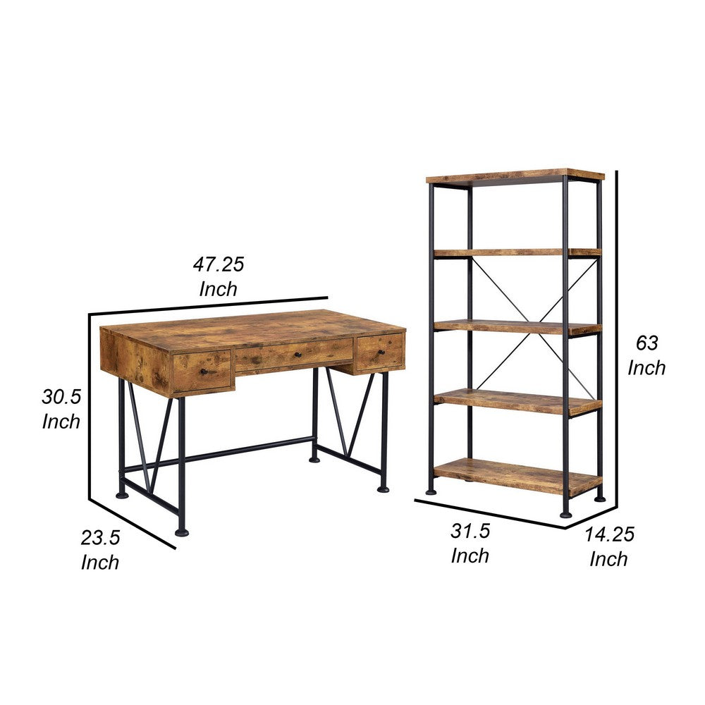 Benjara 2 Piece Writing Desk with Bookshelf Unit, Rustic Brown, Black Metal Frame