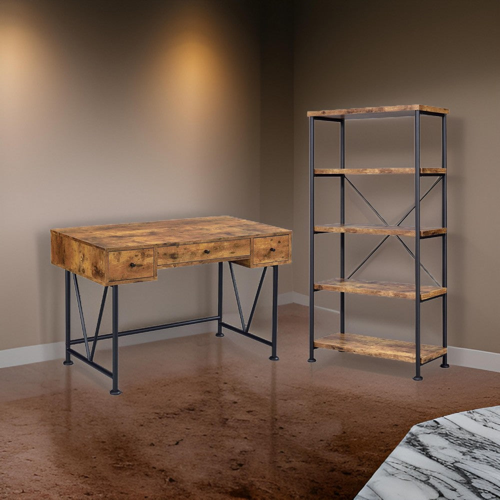 Benjara 2 Piece Writing Desk with Bookshelf Unit, Rustic Brown, Black Metal Frame