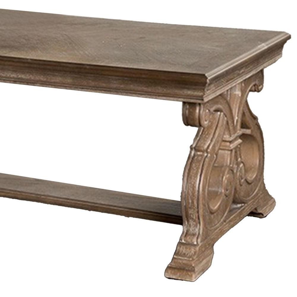 Benjara Gia Coffee Table, 52 Inch Rectangular Top, Carved Details, Brown Solid Wood