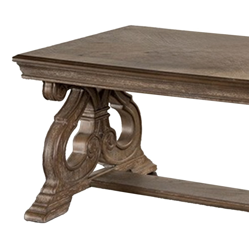 Benjara Gia Coffee Table, 52 Inch Rectangular Top, Carved Details, Brown Solid Wood