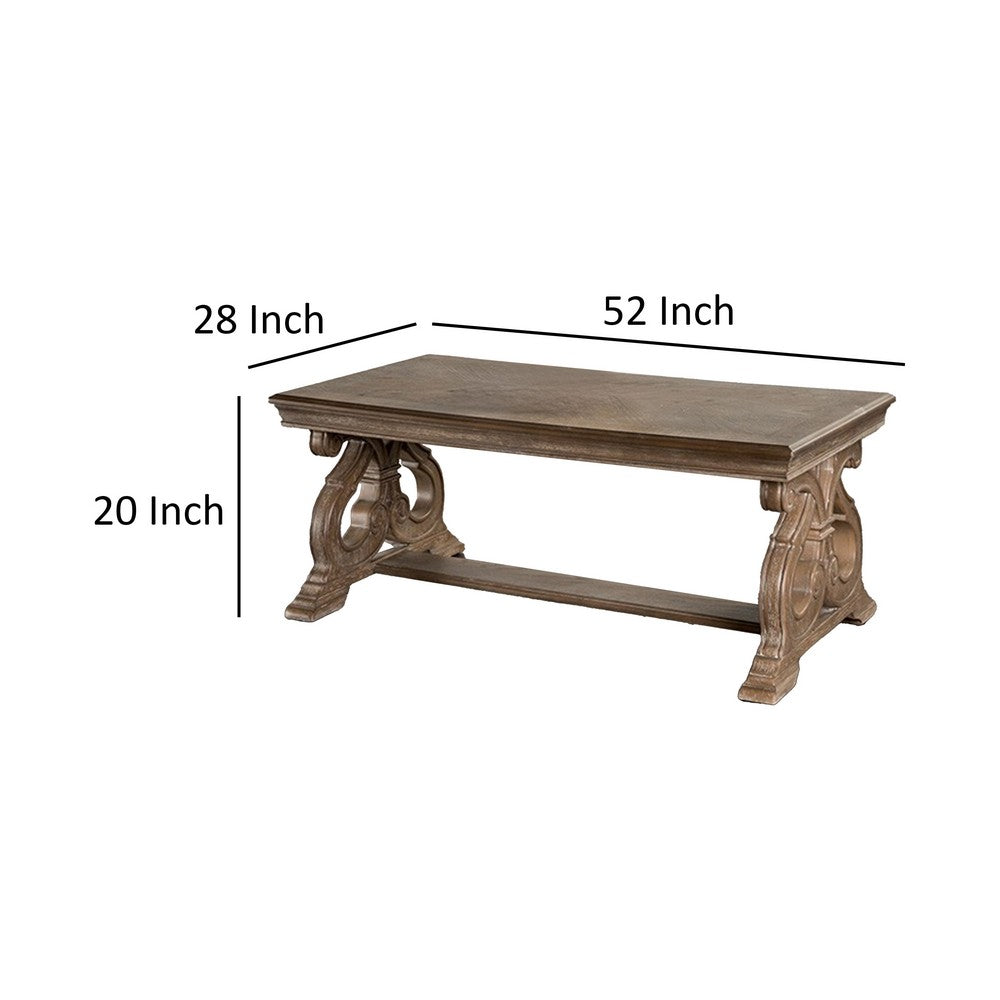 Benjara Gia Coffee Table, 52 Inch Rectangular Top, Carved Details, Brown Solid Wood