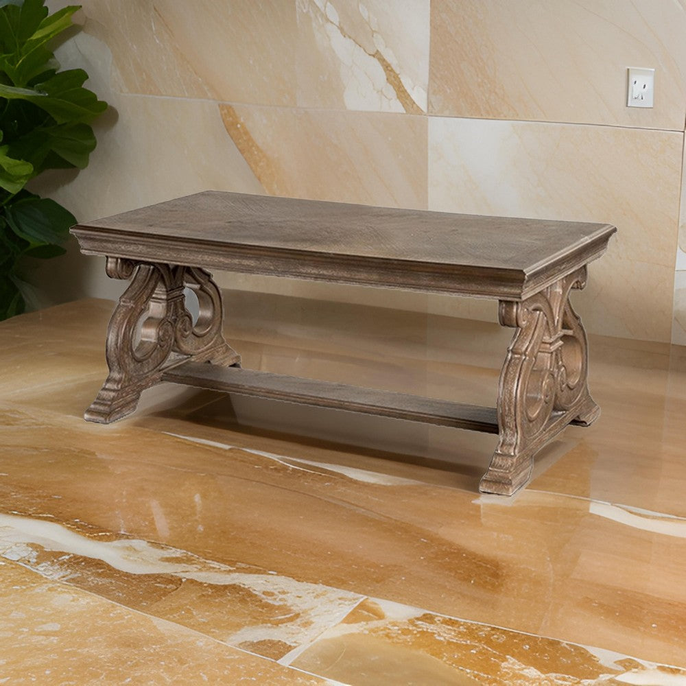 Benjara Gia Coffee Table, 52 Inch Rectangular Top, Carved Details, Brown Solid Wood