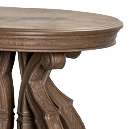 Benjara Gia Side End Table, 27 Inch Round Top, Carved Details, Brown Solid Wood