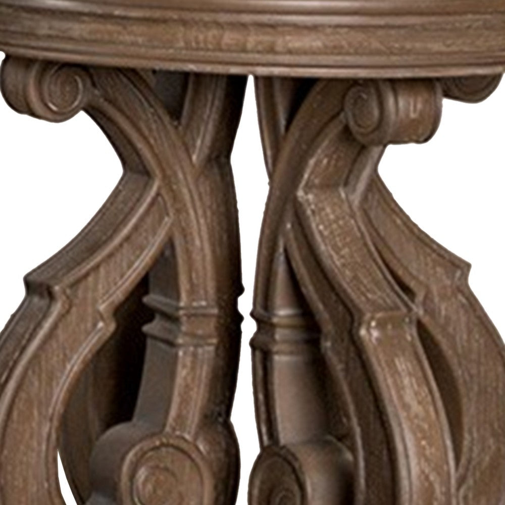 Benjara Gia Side End Table, 27 Inch Round Top, Carved Details, Brown Solid Wood