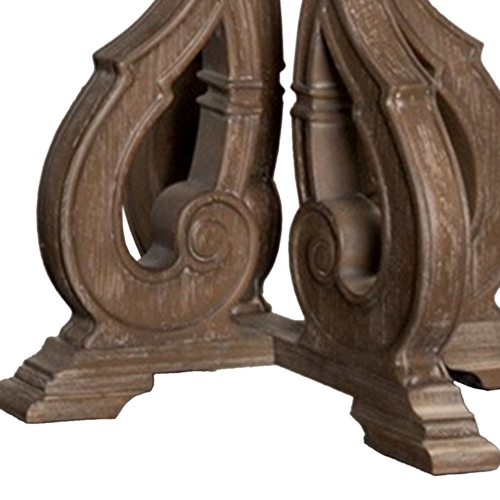 Benjara Gia Side End Table, 27 Inch Round Top, Carved Details, Brown Solid Wood