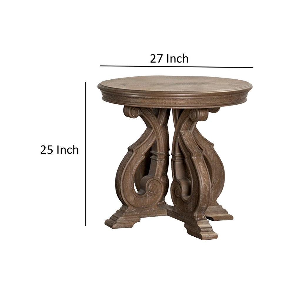 Benjara Gia Side End Table, 27 Inch Round Top, Carved Details, Brown Solid Wood