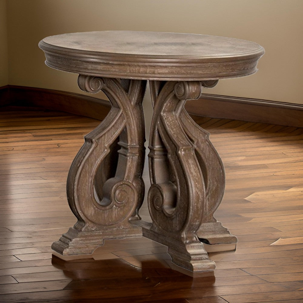 Benjara Gia Side End Table, 27 Inch Round Top, Carved Details, Brown Solid Wood