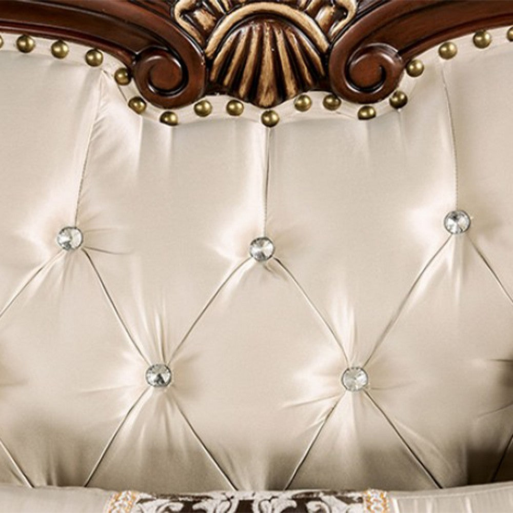 Benjara Catie Accent Chair, Beige Rolled Arms, Nailhead, Cherry Brown Solid Wood