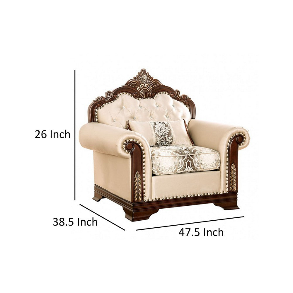 Benjara Catie Accent Chair, Beige Rolled Arms, Nailhead, Cherry Brown Solid Wood