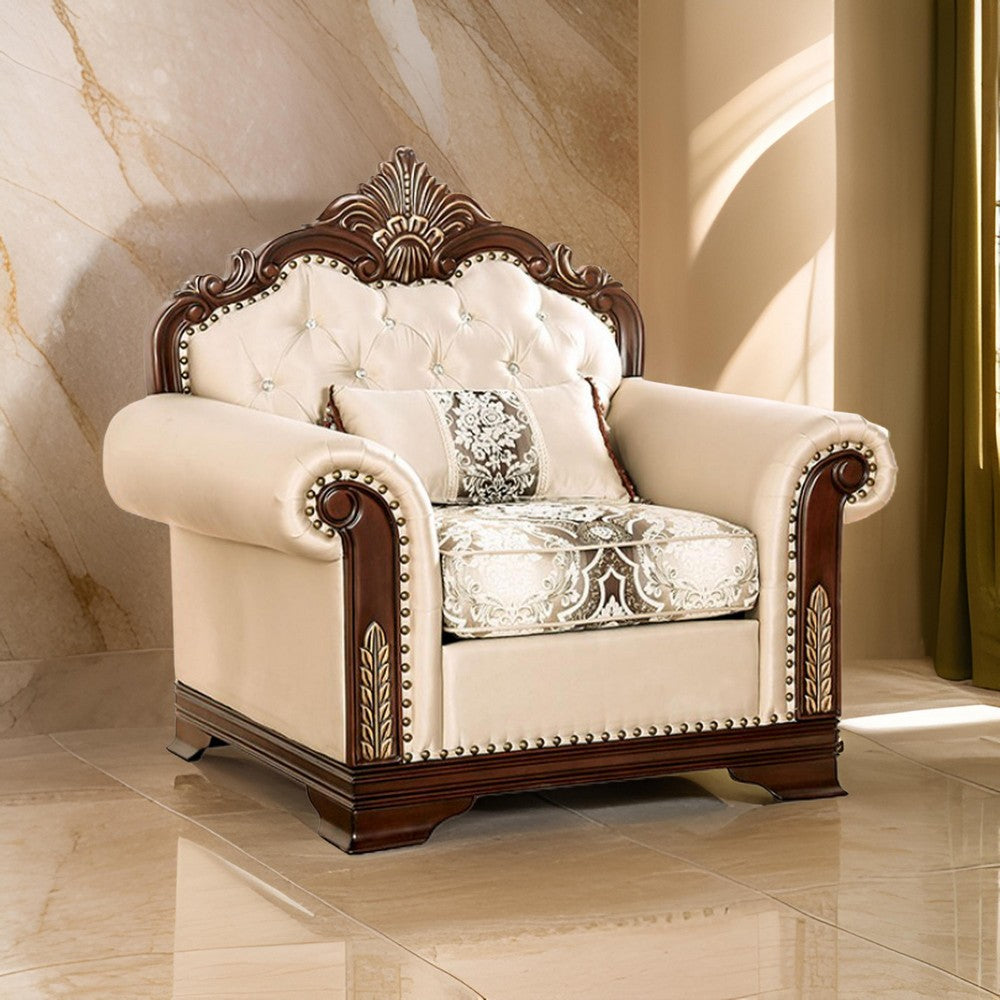 Benjara Catie Accent Chair, Beige Rolled Arms, Nailhead, Cherry Brown Solid Wood