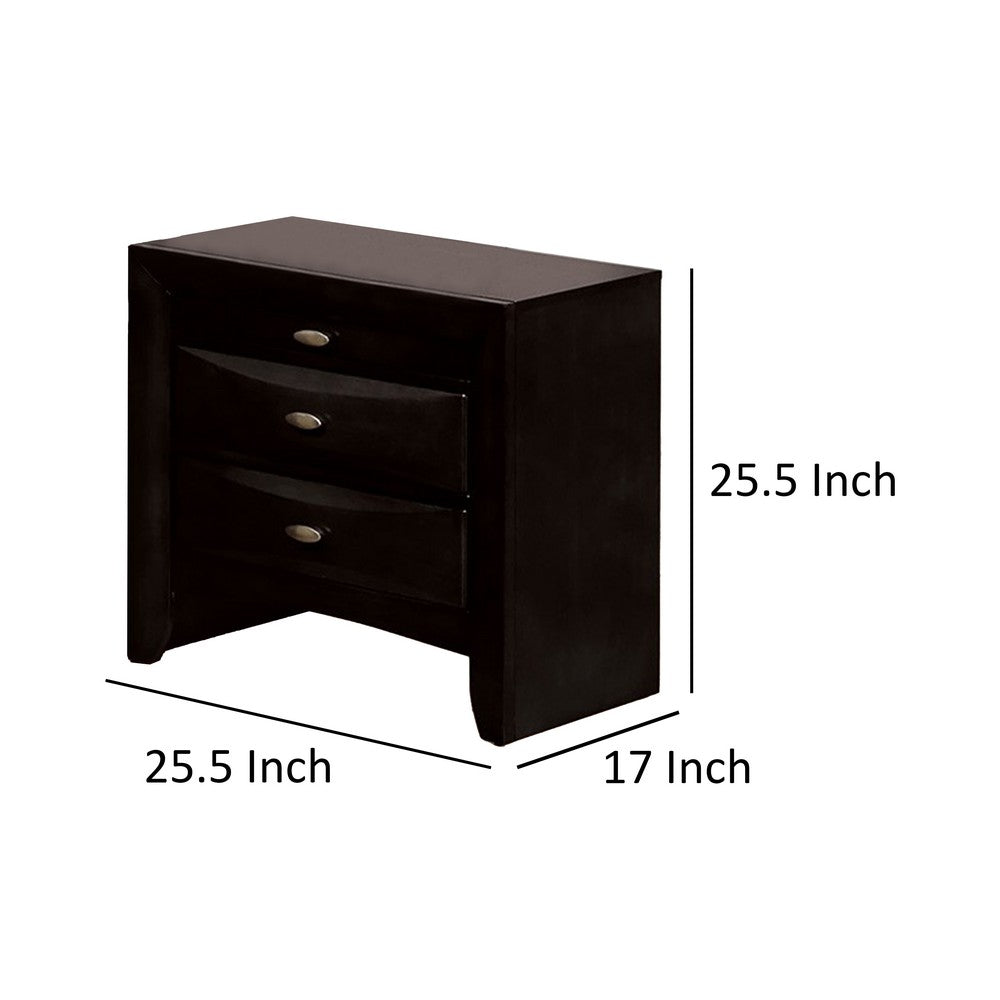 Benjara Simo Nightstand, Spacious Top, Metal Knobs, 3 Drawers, Black Solid Wood