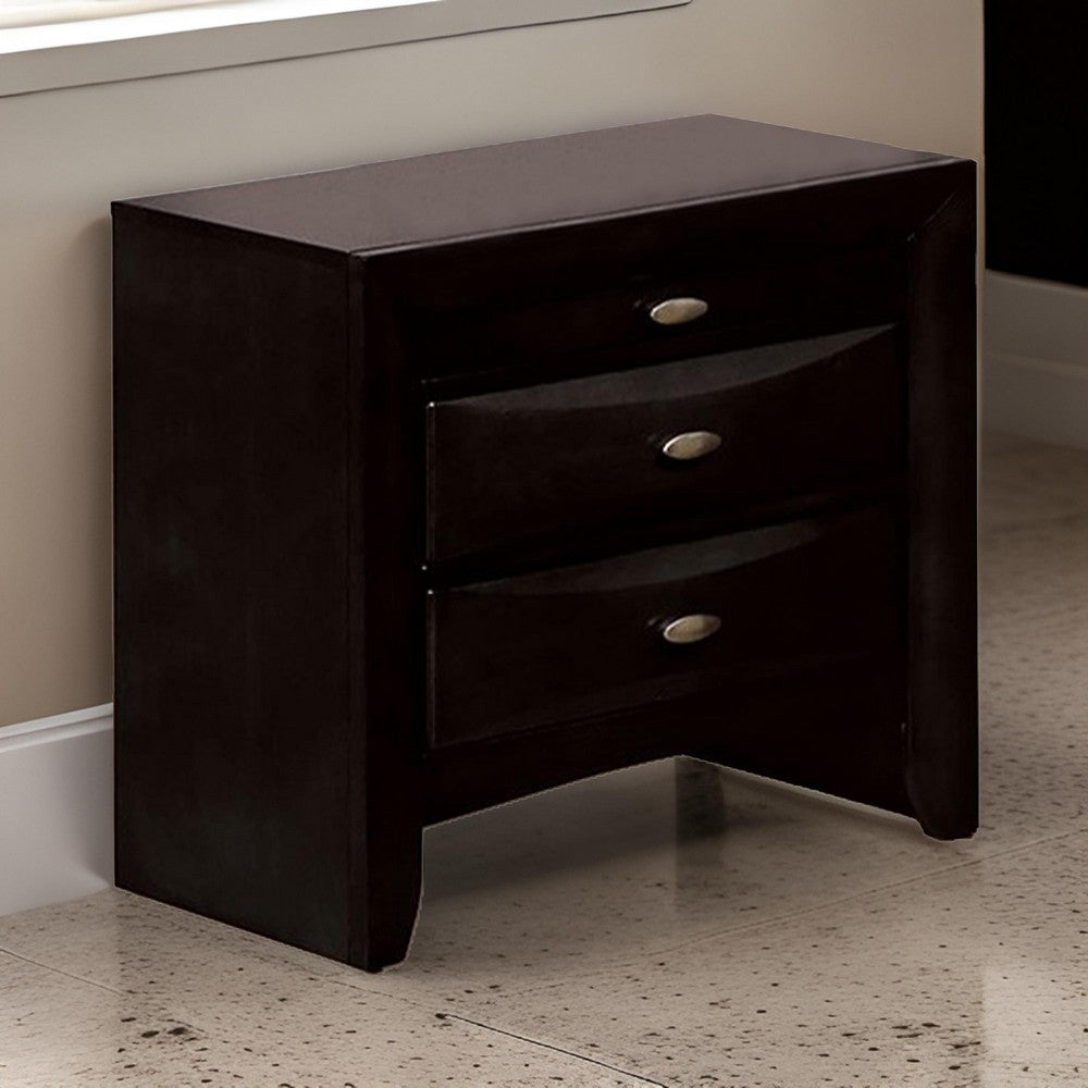 Benjara Simo Nightstand, Spacious Top, Metal Knobs, 3 Drawers, Black Solid Wood