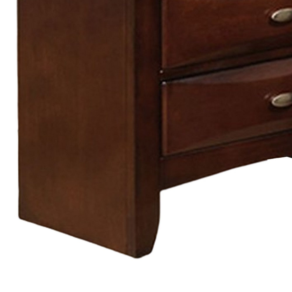Benjara Simo Nightstand, Spacious Top, Nickel, 3 Drawers, Cherry Brown Solid Wood