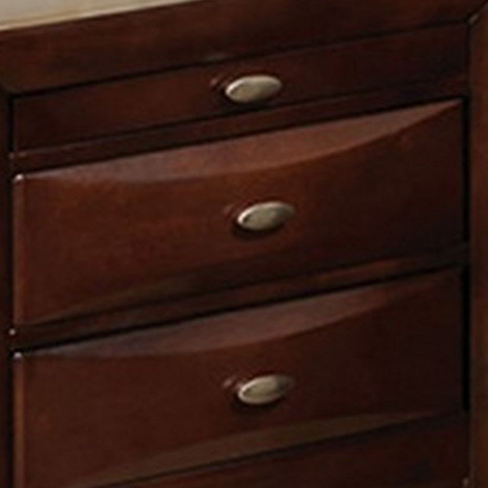 Benjara Simo Nightstand, Spacious Top, Nickel, 3 Drawers, Cherry Brown Solid Wood