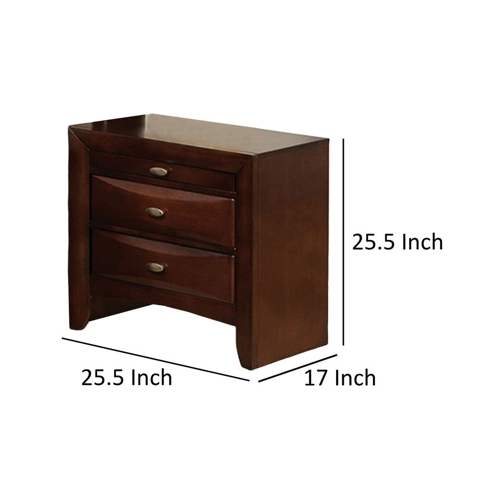 Benjara Simo Nightstand, Spacious Top, Nickel, 3 Drawers, Cherry Brown Solid Wood