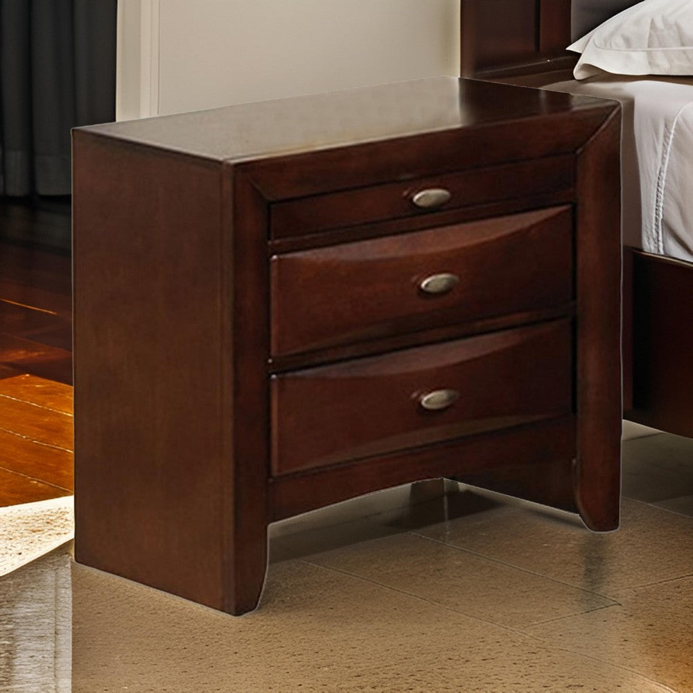 Benjara Simo Nightstand, Spacious Top, Nickel, 3 Drawers, Cherry Brown Solid Wood