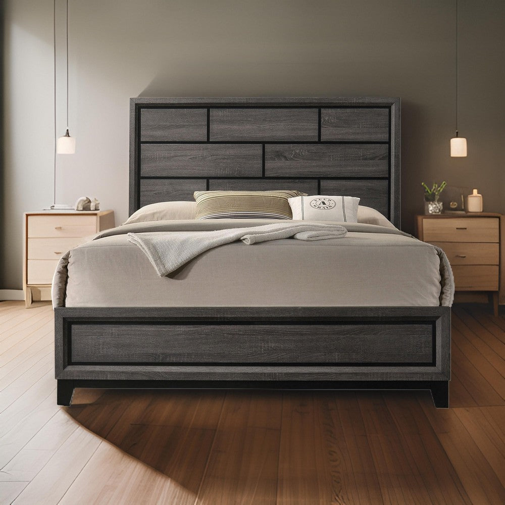 Benjara Erica King Size Bed, Gray And Black Wood Finish, Panel Style Headboard