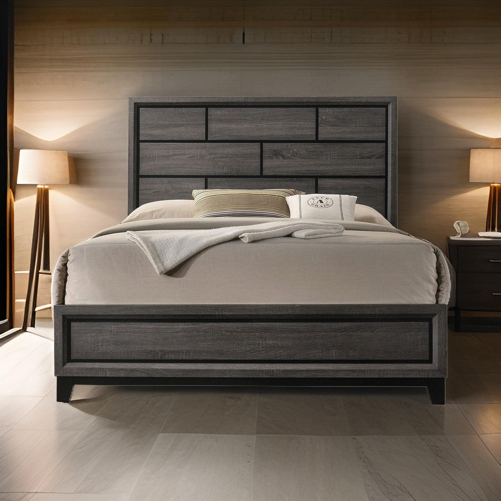 Benjara Erica Full Size Bed, Gray And Black Wood Finish, Panel Style Headboard