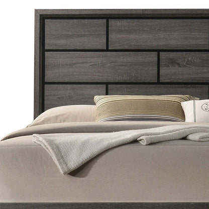 Benjara Erica Queen Size Bed, Gray, Black Wood Finish, Panel Style Headboard