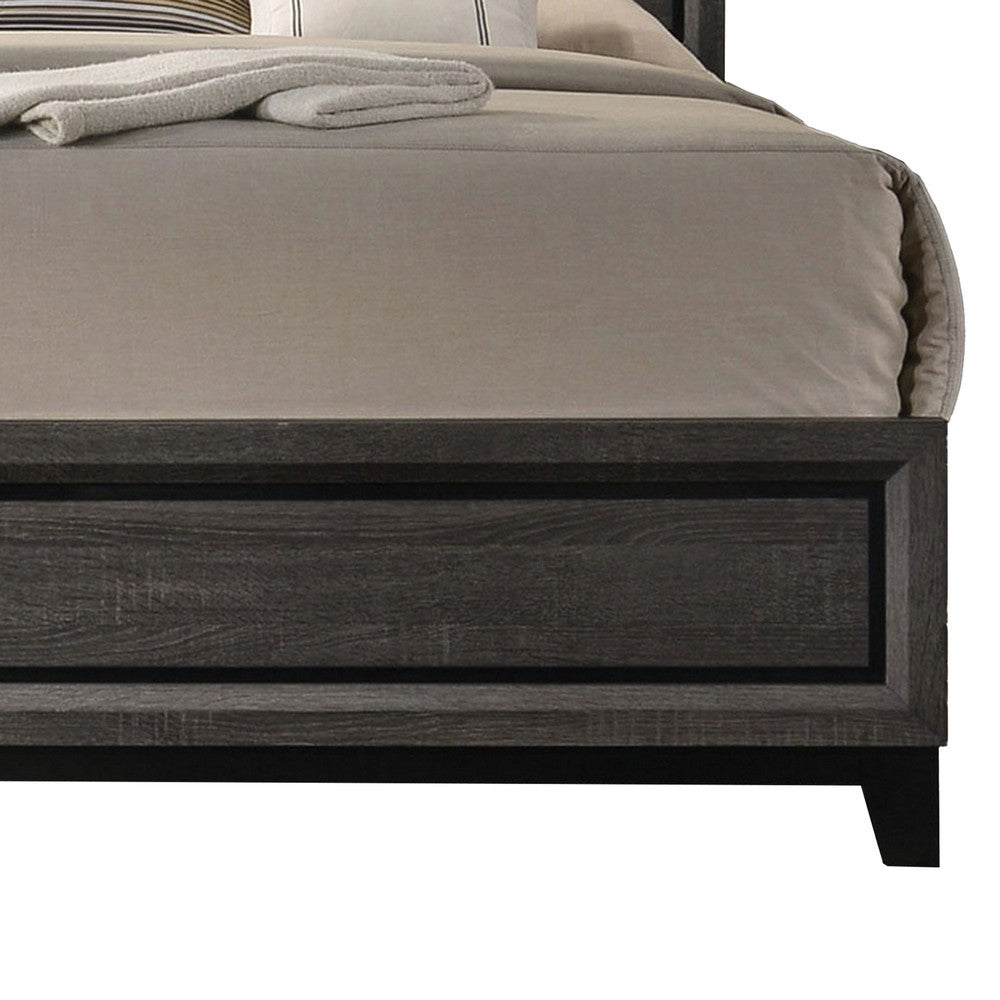 Benjara Erica Queen Size Bed, Gray, Black Wood Finish, Panel Style Headboard