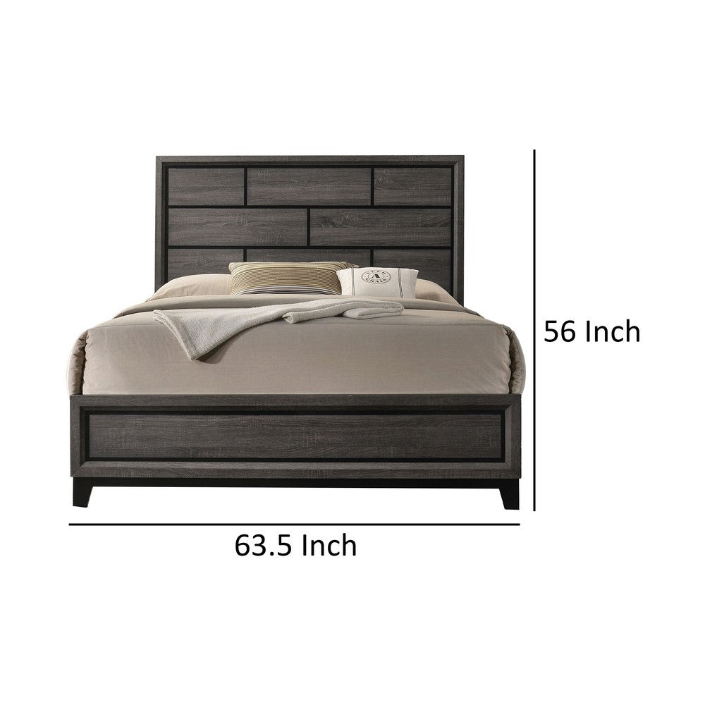 Benjara Erica Queen Size Bed, Gray, Black Wood Finish, Panel Style Headboard