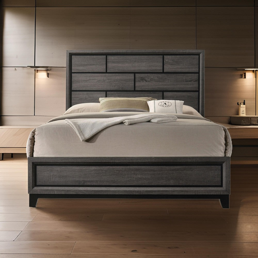 Benjara Erica Queen Size Bed, Gray, Black Wood Finish, Panel Style Headboard