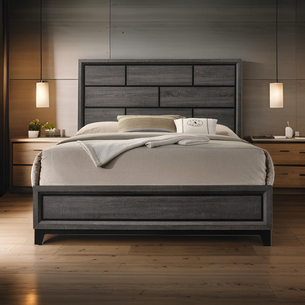 Benjara Erica Twin Size Bed, Gray And Black Wood Finish, Panel Style Headboard
