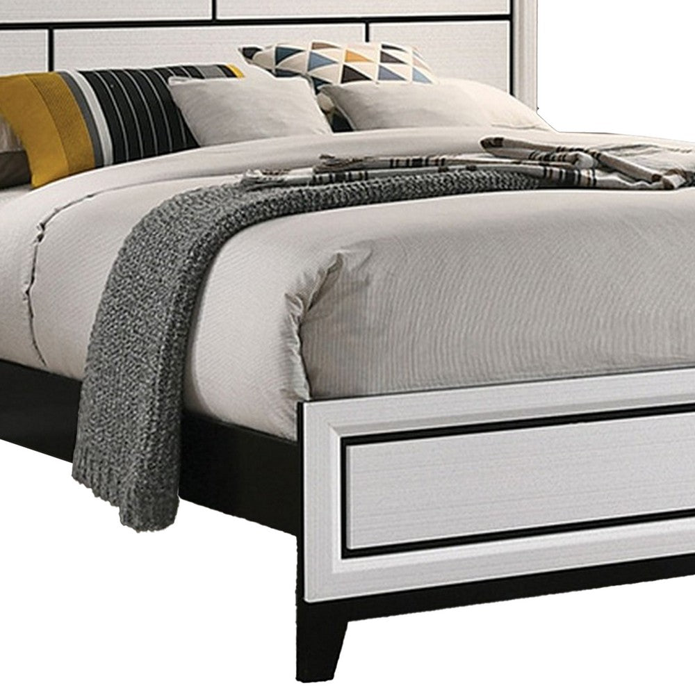 Benjara Erica King Size Bed, White And Black Wood Finish, Panel Style Headboard