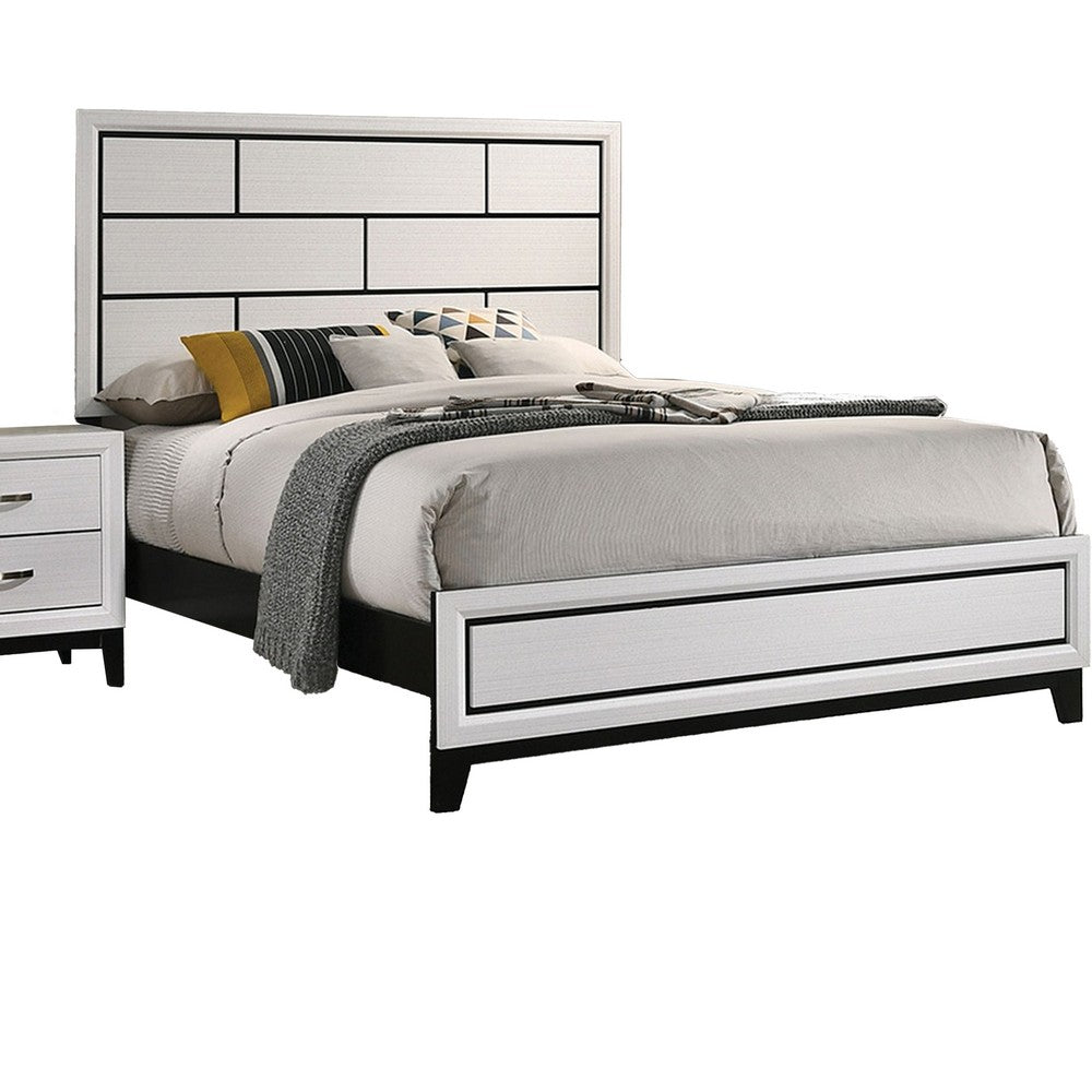 Benjara Erica King Size Bed, White And Black Wood Finish, Panel Style Headboard