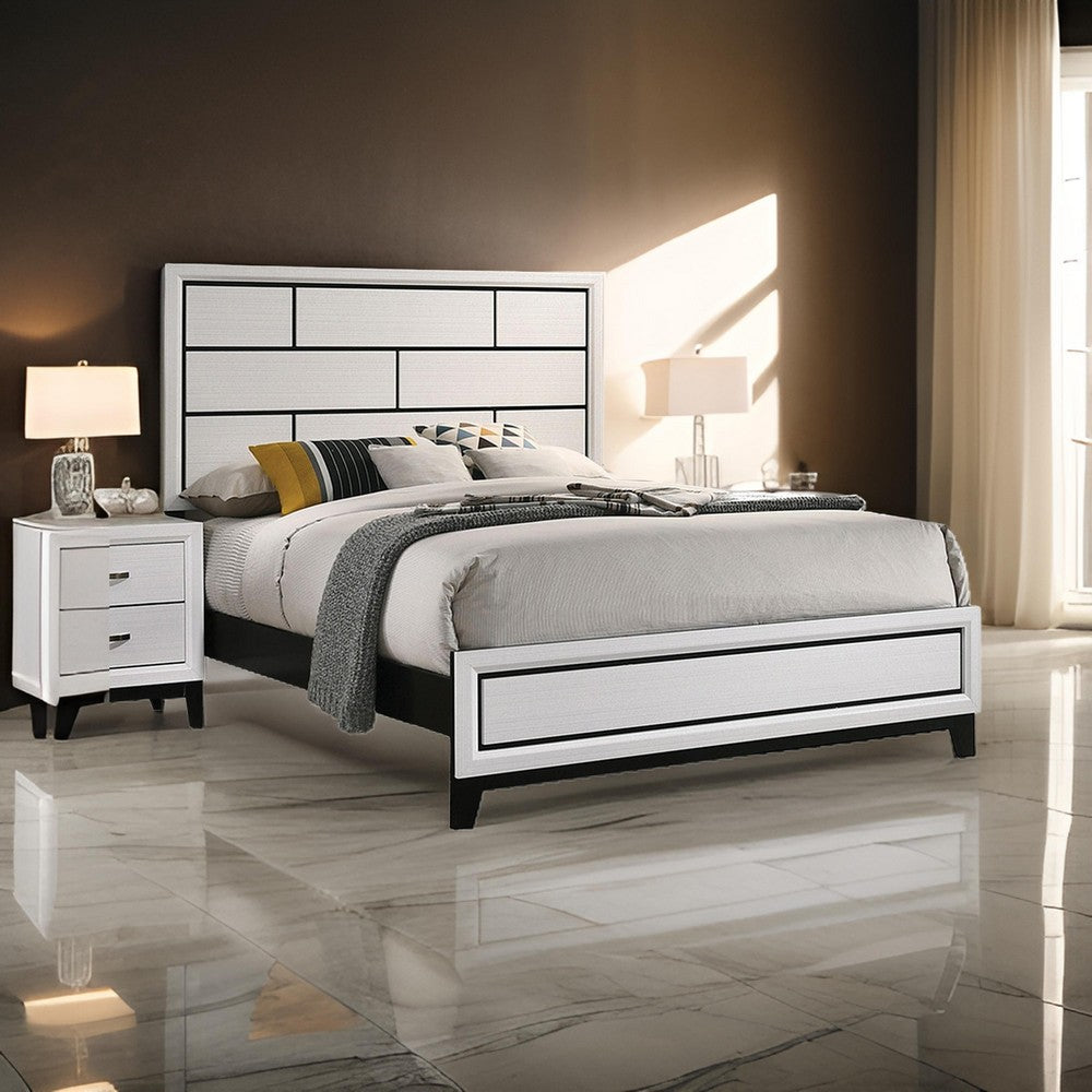 Benjara Erica Full Size Bed, White And Black Wood Finish, Panel Style Headboard