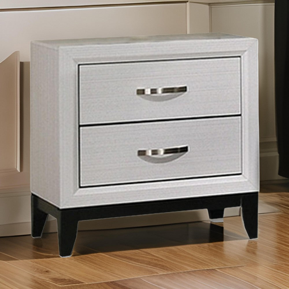Benjara Erica Nightstand, 2 Drawers, White Wood Finished Frame, Metal Handles